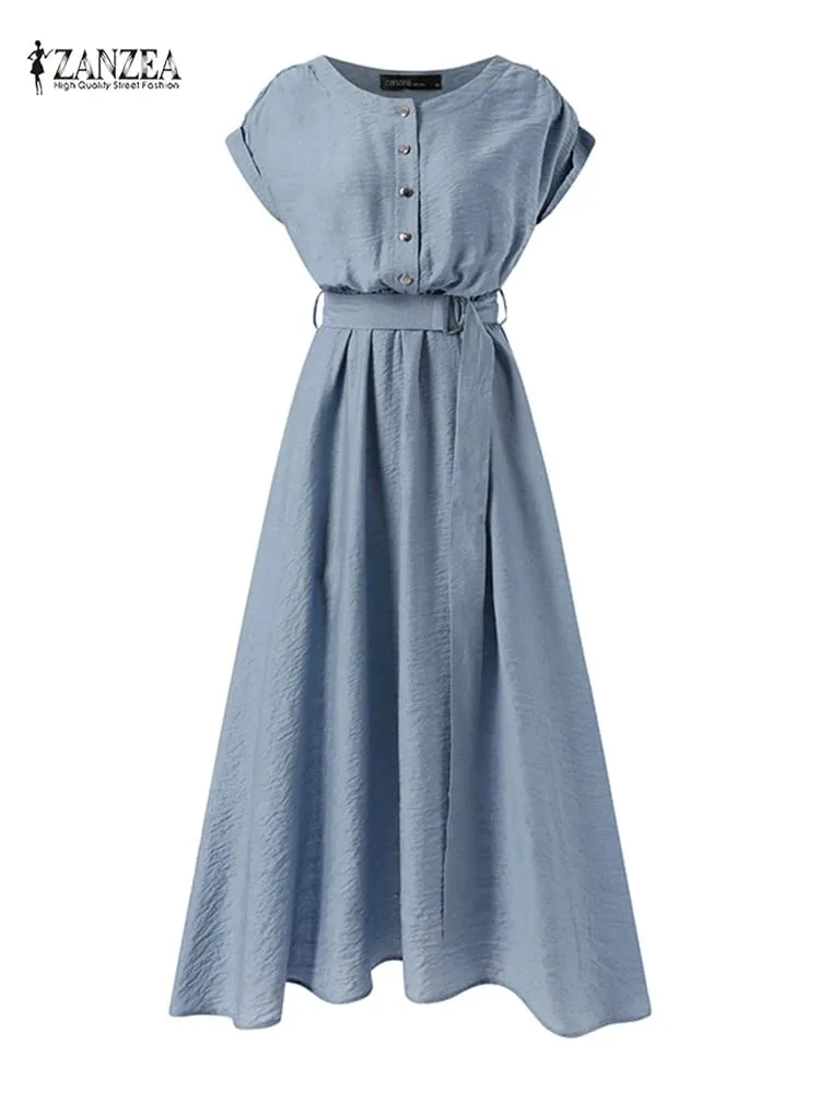 2025 ZANZEA Dammode Kortärmad Klänning Sommar Elegant Fest Vestidos Casual Mid-calf Soldress Femme Vintage OL Robe Kaftan — image 4