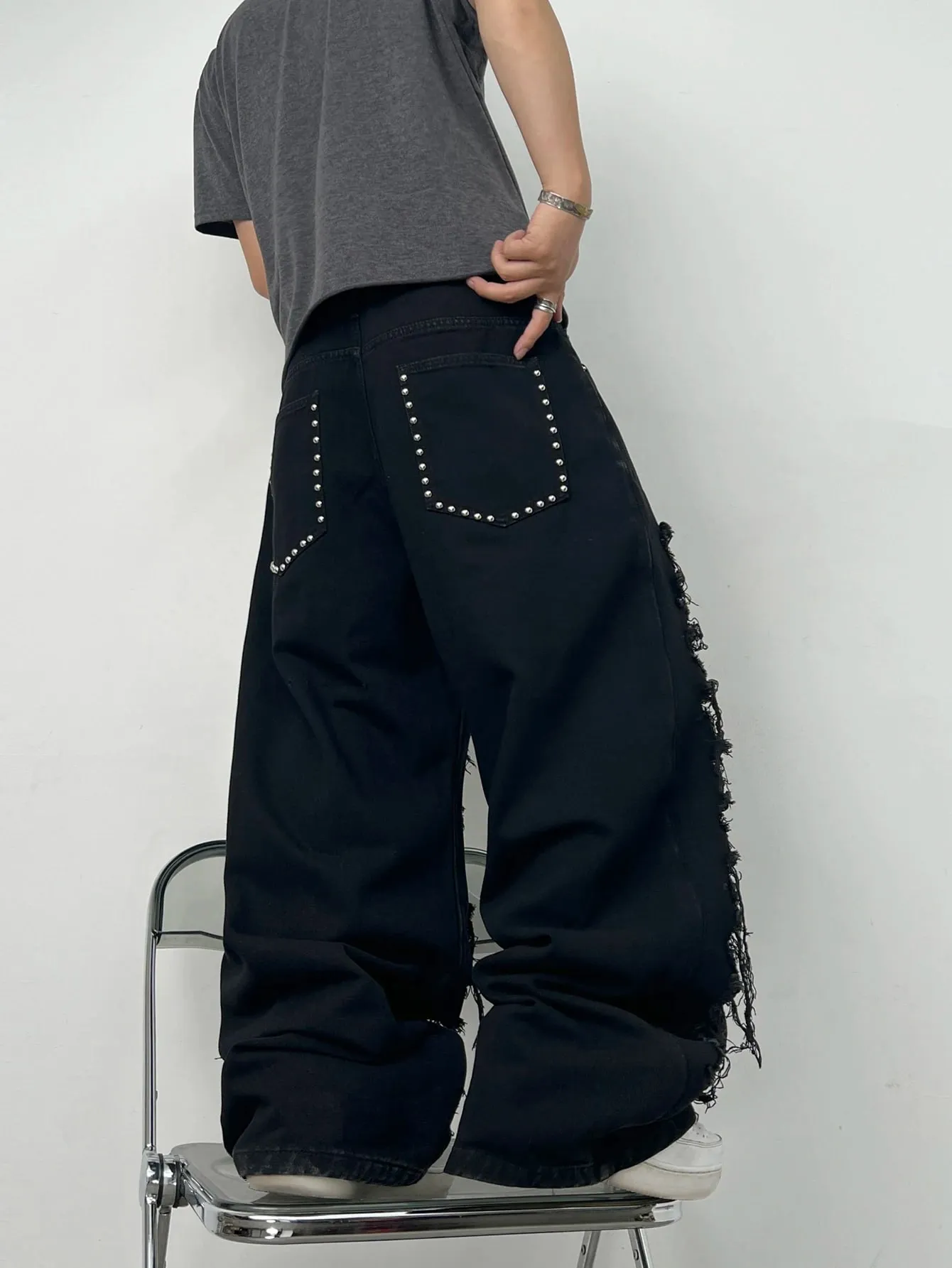 American High Street Double-Layer Patch Ripped Studded Design Black Men's Loose Jeans Y2K Street Hip-Hop Fashion Wide-Leg Pants — image 3