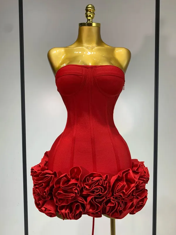 Women Sexy Strapless Flower Prom Gown Mini Dress Celebrity Red Carpet Fashion Evening Party Celebrate Birthday Club Dresses
