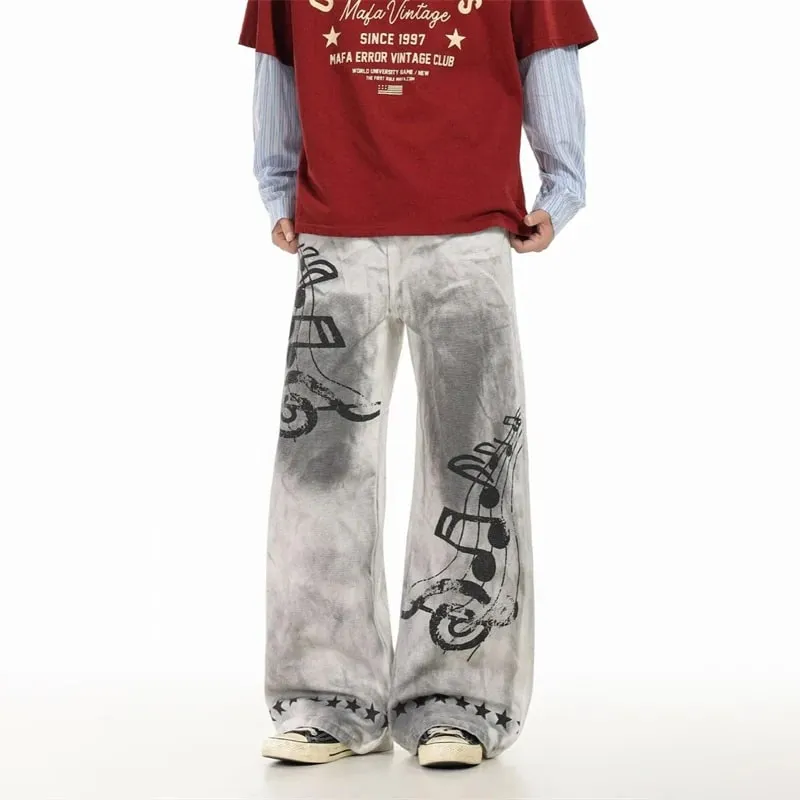 2026 New Retro Graffiti Printed White Baggy Jeans For Men High Street Straight Wide Leg Denim Pants Hip Hop Graphic Y2K Jean