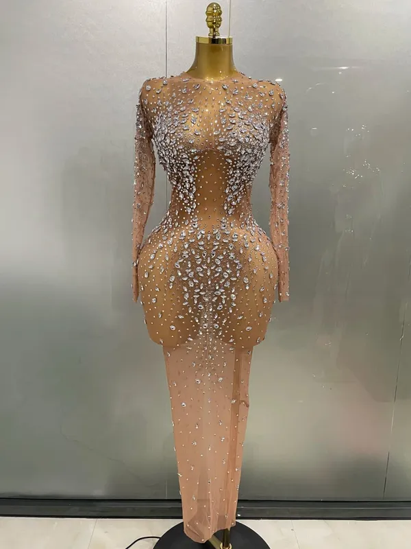 Sexy Shinny Rhinestone Stretch Mesh Transparent Long Dress 2025New Women Evening Birthday Party Prom Nightclub Singer Stage Wear — image 2