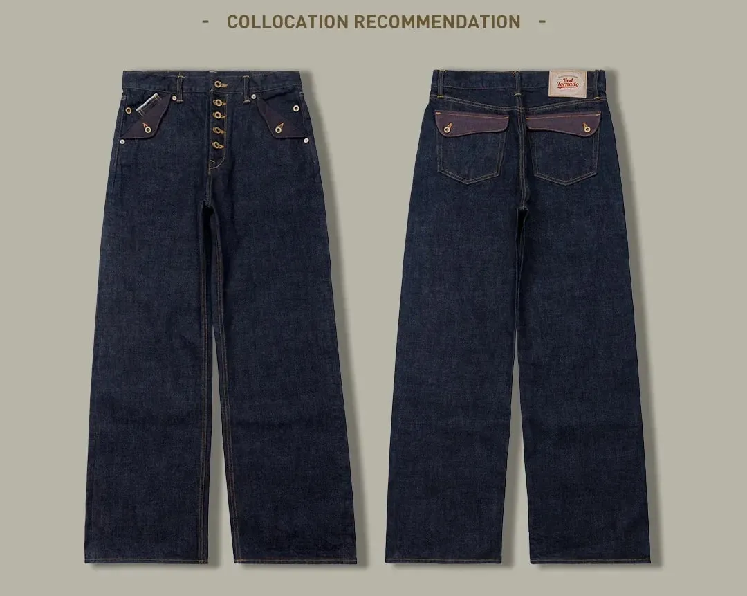 Red Tornado Retro Heavy 18oz Raw Selvedge Denim Pants Sanforized Button Fly High Waist Flap Pocket Carpenter Style Jeans — image 9
