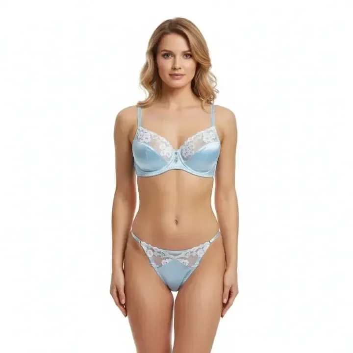 2 Piece Blue Satin Sexy Lingerie Set Women French Coquette Floral Embroidery Sheer Mesh Underwire No Padding Push Up Bra Thong — image 2