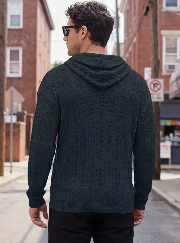 Men Thin Cable Knit Hooded Sweatshirt Drawstring Hood Kangaroo Pocket Long Sleeve Loose Casual Pullover Autumn Daily Street Tops — image 3