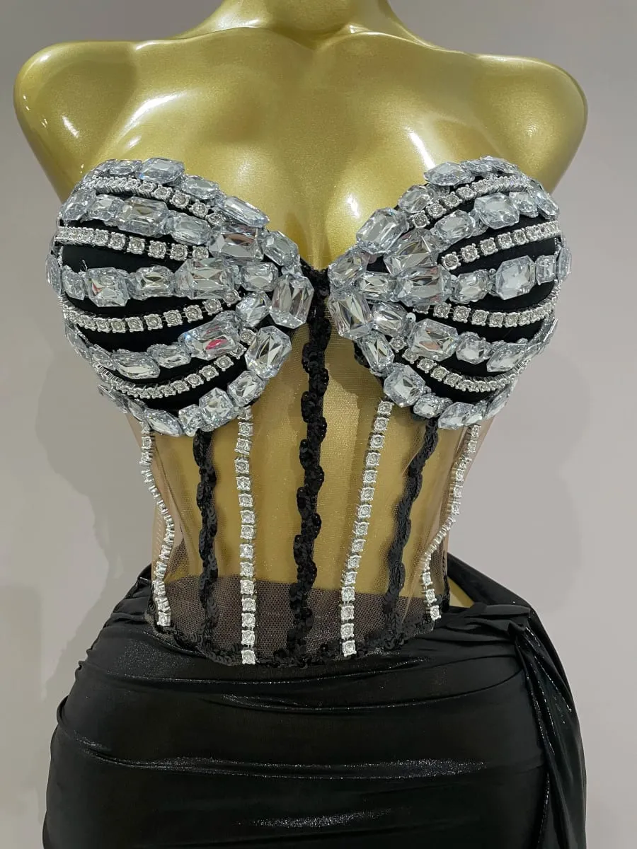 Sexy brilhante strass lantejoulas 2 peças conjunto de saia superior 2025 feminino celebridade festa à noite palco boate desempenho traje — image 5