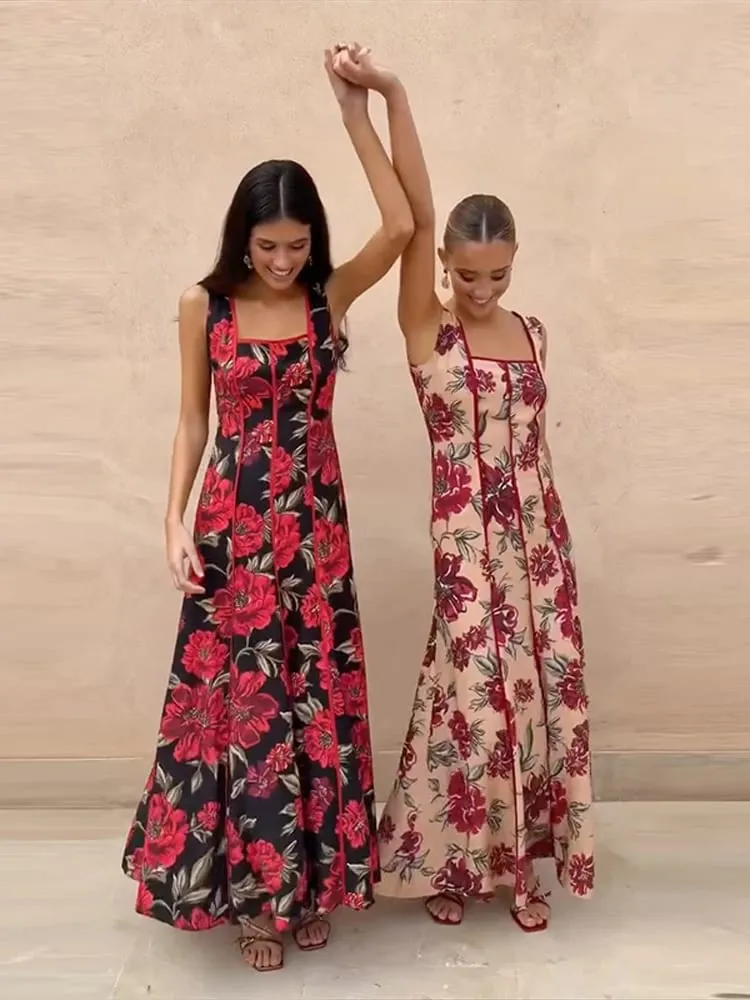 Sexy Printed Flower Long Women's Dress Sleeveless Waist-Closed Slash Neck Lady Dresses Summer Sling Vacation Holiday Robe — image 3