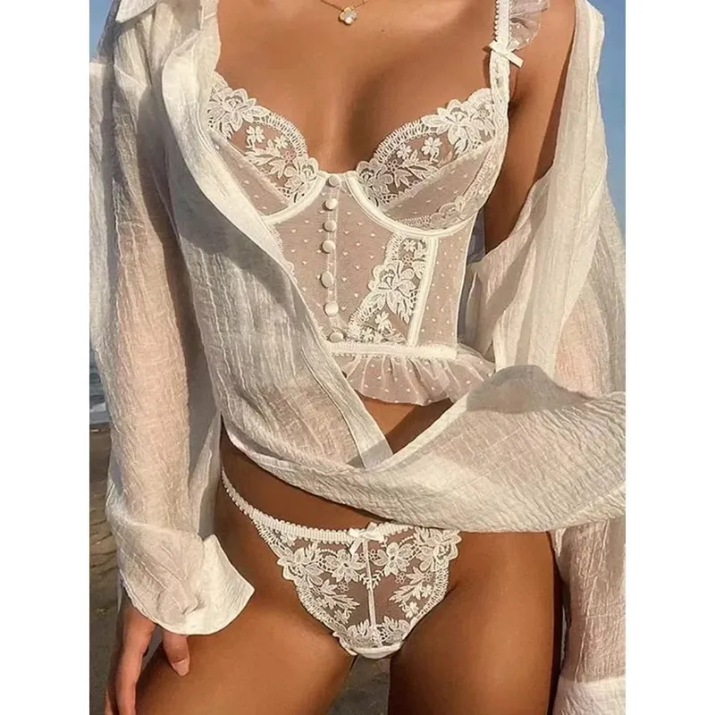Hot Sale French Sexy Lingerie Set for Women Ultra Thin See Through Bra Panty Set Embroidery Lace Shaping Camisole Underwear Set — image 10
