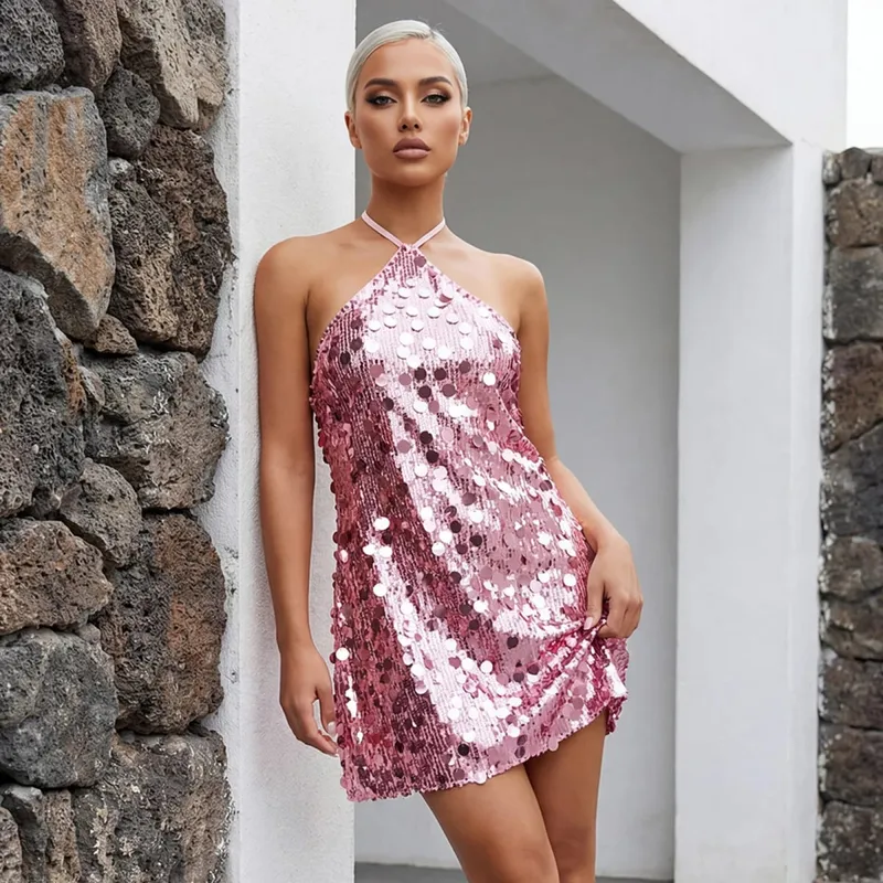 Women Halter Dress Sparkly Sequin Mini Dresses Clubwear Party Date Outfits Sexy Bodycon Dress Sexy Sleeveless Backless Dress — image 12
