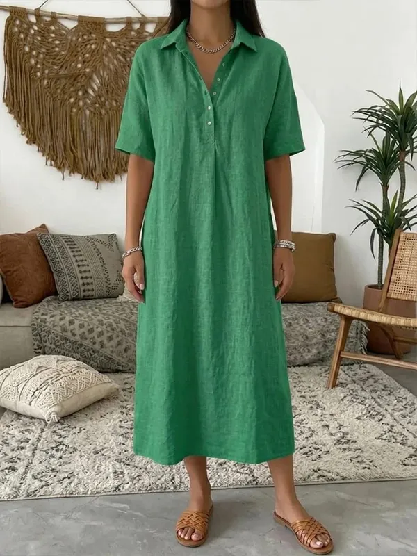 2026 Women's Spring and Summer New Casual Straight-Cut Comfortable Polo-Neck Linen Short-Sleeve Dress — image 6