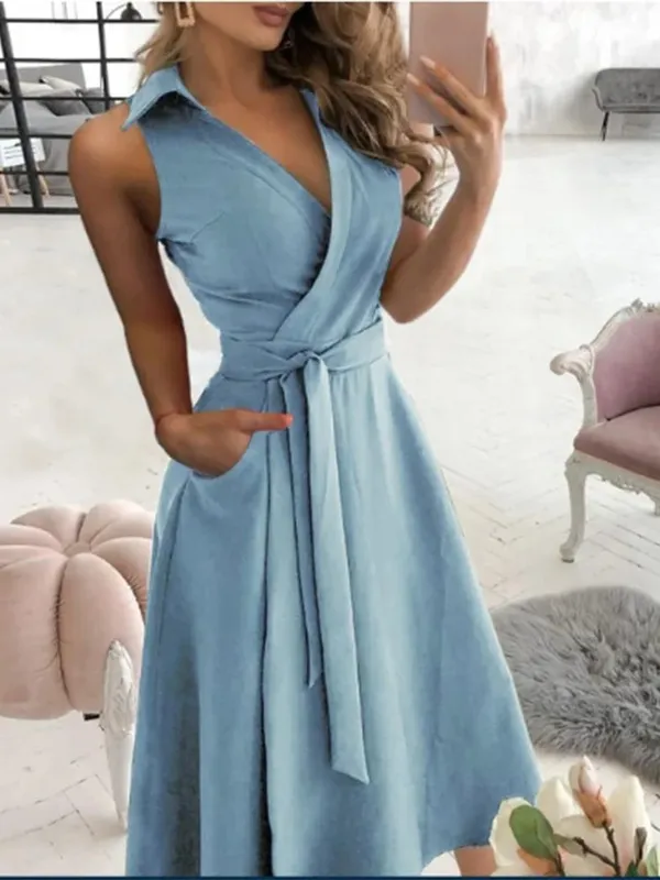 Robe à lacets pour femmes, col en v, manches courtes, couleur unie, poches, élégante, mode bureau, Style de déplacement, été — image 1