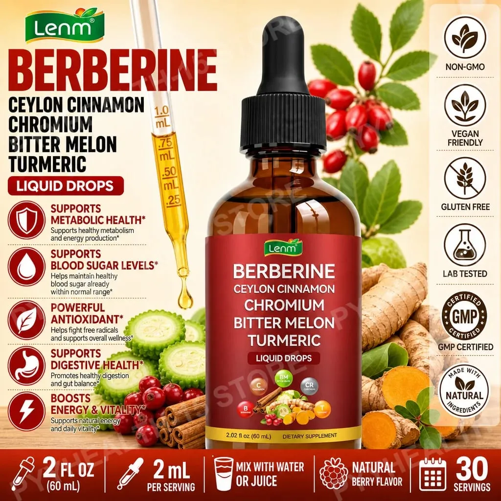 Lenm Berberine Liquid Drops with Ceylon Cinnamon Chromium Bitter Melon Turmeric for Metabolic Wellness Support 60ml 30 Servings — image 1