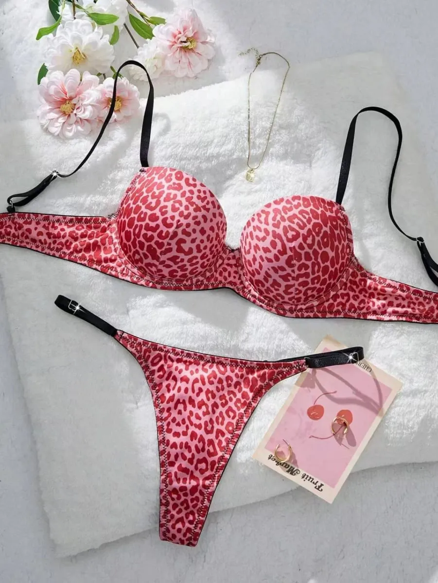 Sexy Leopard Print Push-Up Bra Set with Matching Thong for Women - Underwear Set — image 2