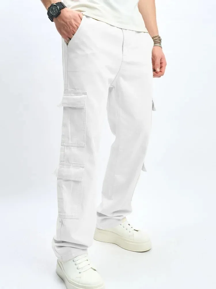 Mens Multiple Pockets Cargo Loose Jeans Streetwear Straight Casual Outdoor Trousers Male Clothing Fashion Denim Pants White — image 2