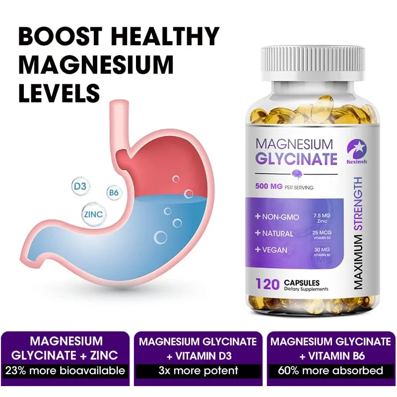 Kexinsh Magnesium Glycinate Supplement 500mg dengan Zink Vitamin D3 B6 Menggalakkan Tidur Semulajadi Mengurangkan Tekanan dan Keresahan Bukan GMO — image 4