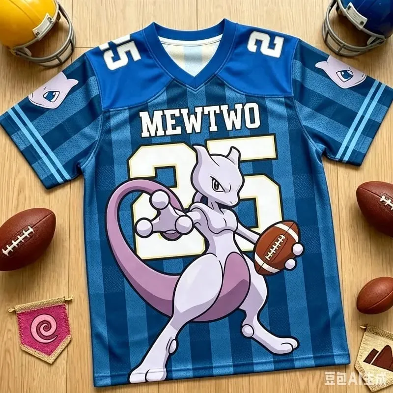 Summer Pokemon Mewtwo 25 Football Jersey Y2K Blue Plaid Print Family Matching Outfit Breathable Uniform for Street Fashion — image 1