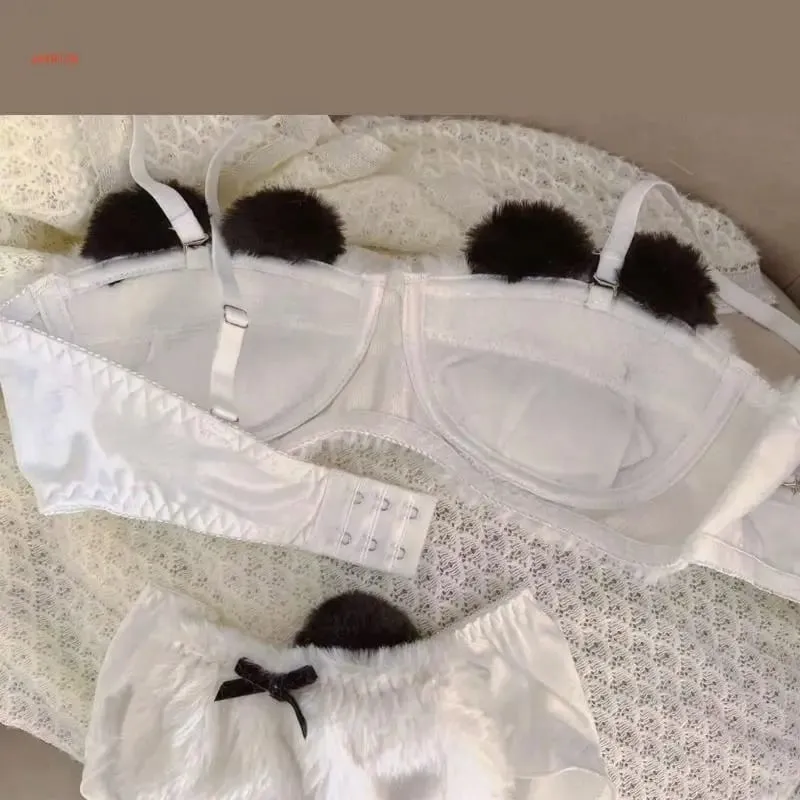 Conjunto de calcinha e sutiã de pelúcia peludo feminino, estampa de panda de desenhos animados, lingerie de inverno, menina escolar, anime japonês, roupa íntima cosplay — image 3