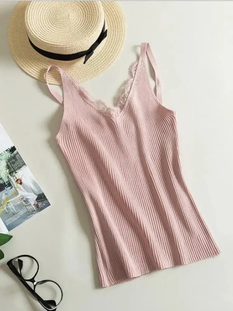 2026 Summer Casual Tops Solid Stitching V-neck Camis Women Hook Flower Lace Tank Female Knitted Short Slim Sleeveless Shirt — image 12