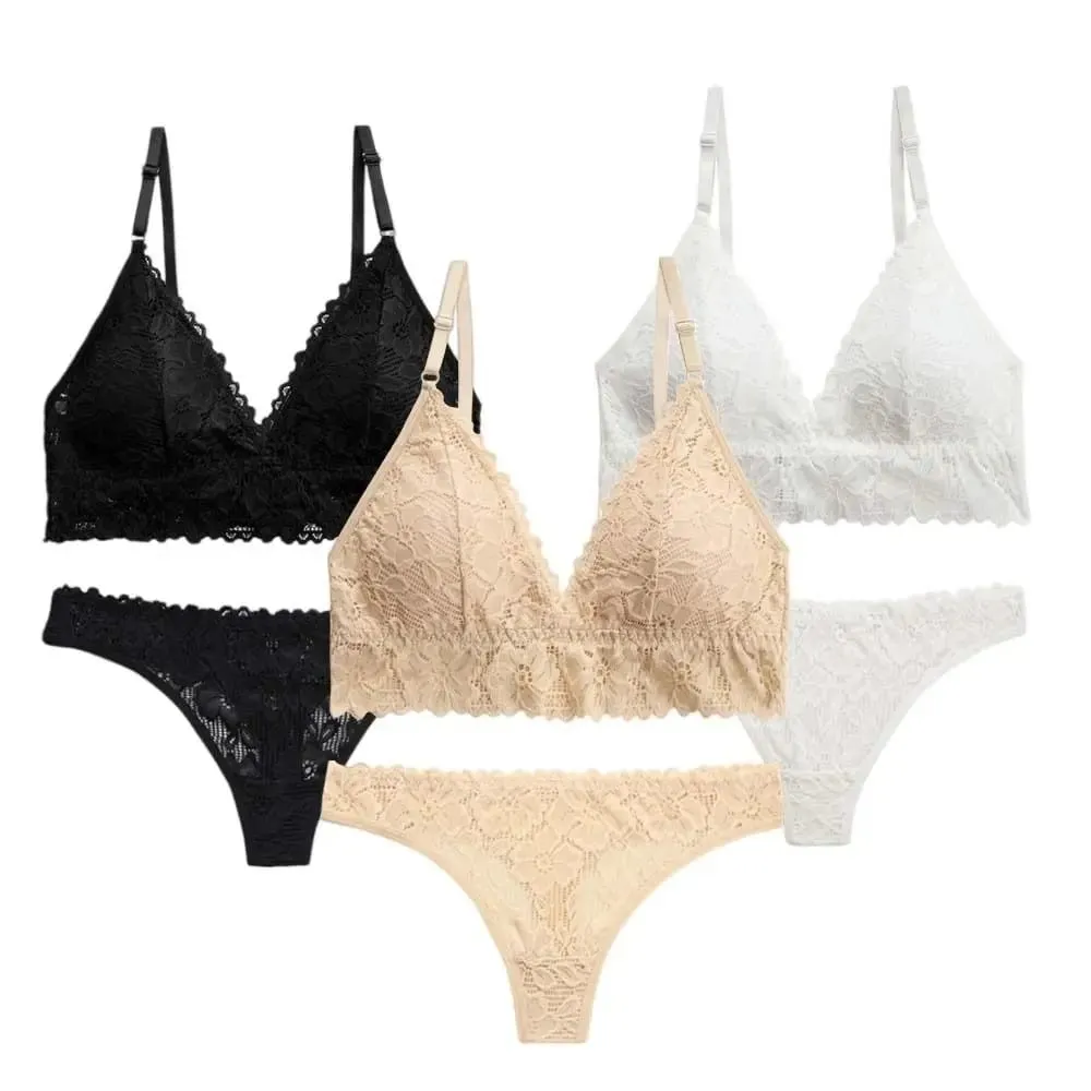 Sweet V Neck Lace Flower Bra Set Thong Solid Color Floral Panties Bra Kit Transparent Lingerie Lace Underwear Women