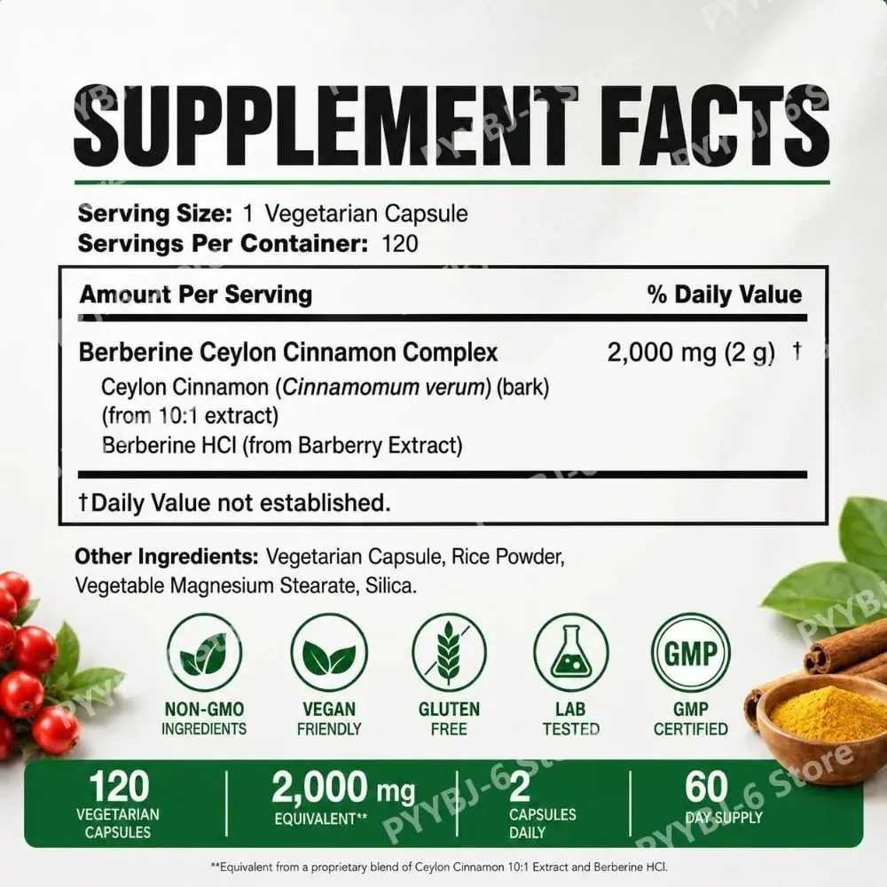 Berberine Ceylon Cinnamon Complex 2000mg Vegetariske Kapsler Ikke-GMO Glutenfri Dagligt Wellness Supplement for Voksne 120 Count — image 3