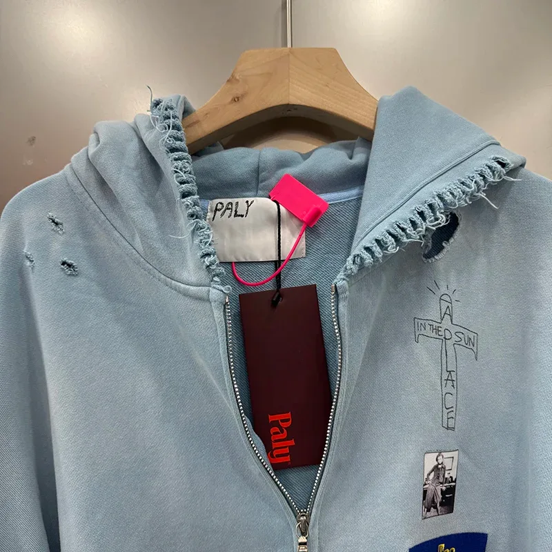 Light Blue PALY Letter Crystal Hoodie Ripped Washed Fashion Patch High Street Casual Men Women 1:1 Zipper Sweatshirts — image 6