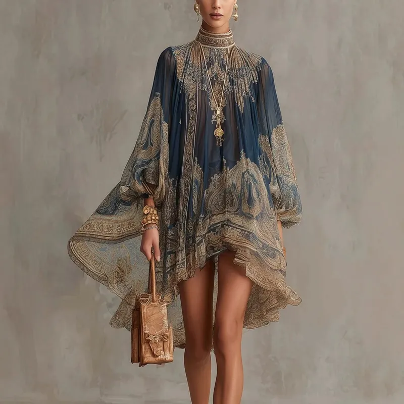 New European-style High-neck Printed Chiffon Dress with Loose Casual Vacation-themed Shawl Sleeves.
