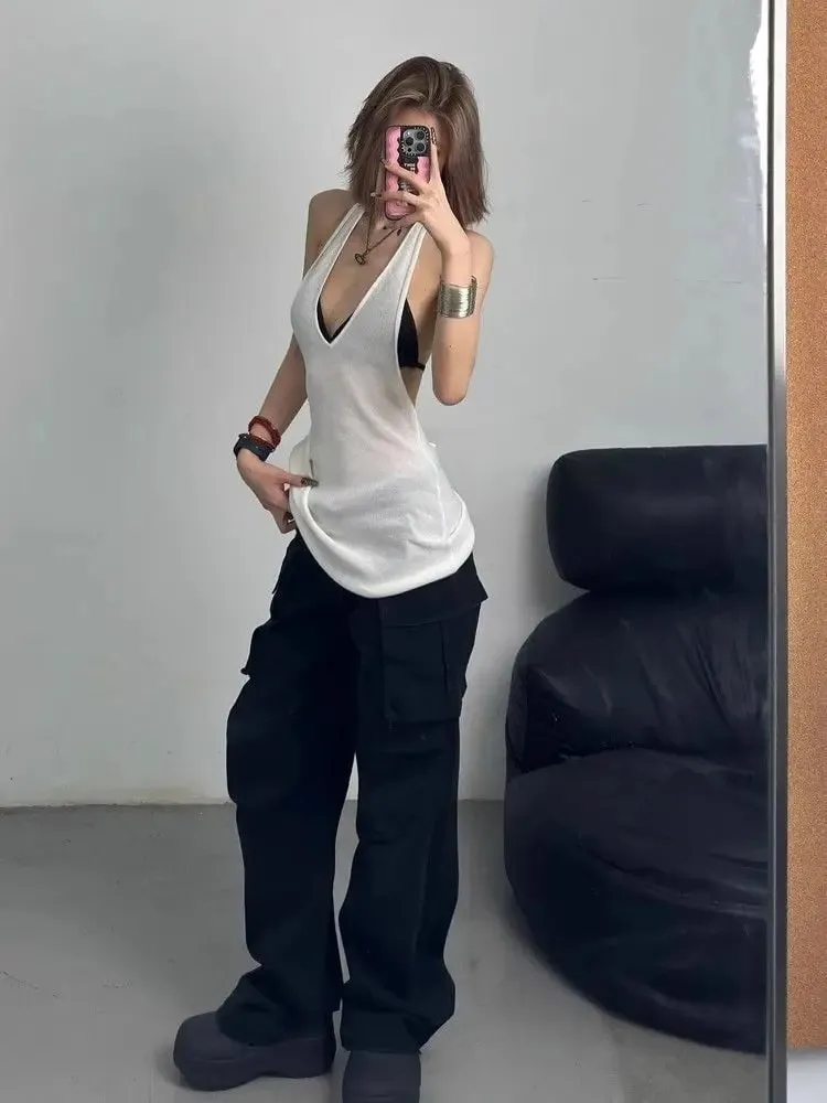 Sexy Hot Girl V-neck Knitted Halter Top for Women in Summer New Style for Outerwear Backless White Sports Slim Fit Top Trendy — image 4