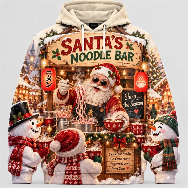 Funny Santa Christmas Hoodie 3D Print Karaoke Sleigh Repair Laundry Snack Holiday Party Pullover Winter Streetwear Gift