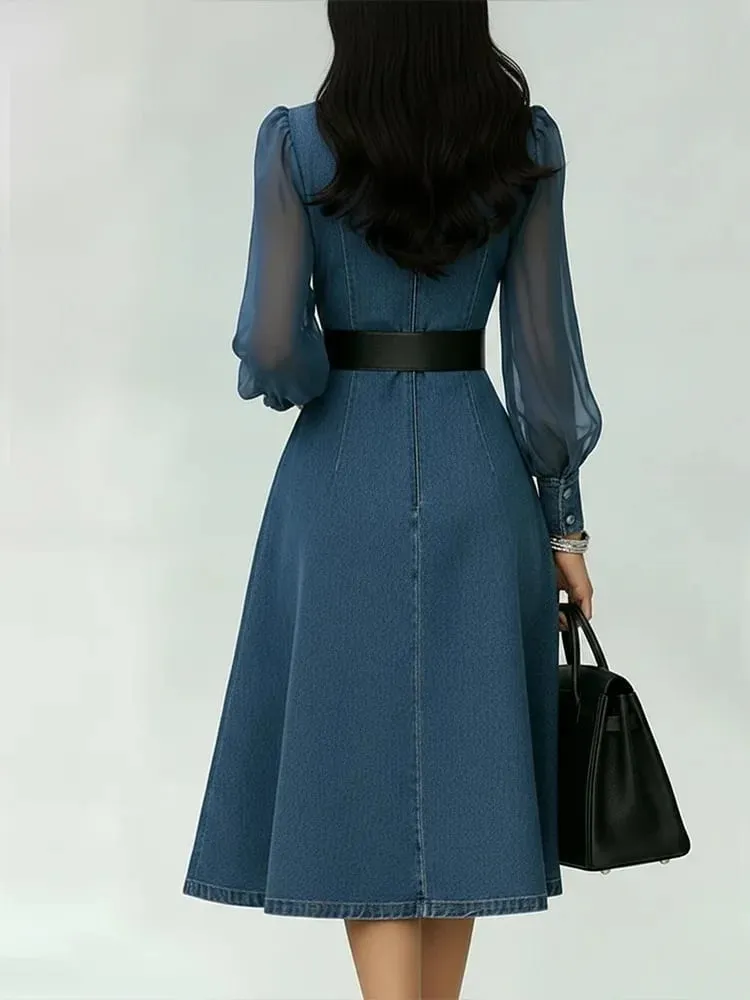 Streetwear Denim A-Line Dress Summer Women Tulle Puff Long Sleeve See Through V Neck Maxi Dresses Vintage Jean Dress With Belt — image 2