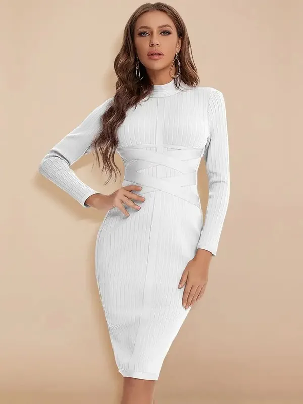 Sexy Red Bandage Dress 2023 Nude Turtleneck Long Sleeves Office Bodycon Dress Cross Criss Women Midi Vestidos Maxi XL — image 9