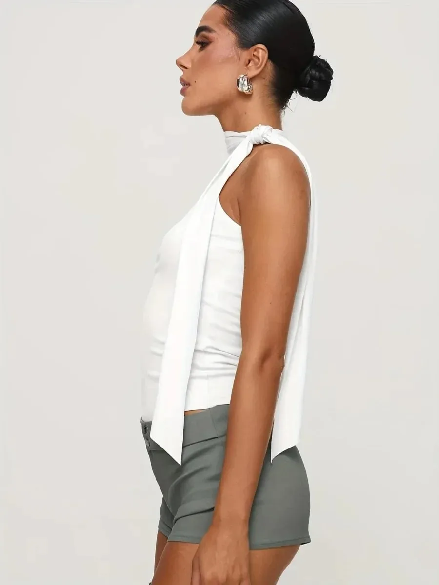 Women Solid Color Halter Neck Tie Detail Sleeveless Top Summer Casual Y2K Street Style Slim fit Crop Top — image 9