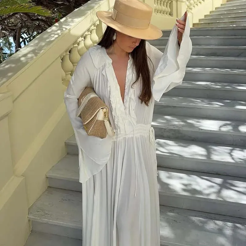 Elegant White Ruffles Maxi Dresses Women Fashion Loose V-Neck Lace-Up Long Robes Female Casual Vacation Birthday Party Vestidos — image 5