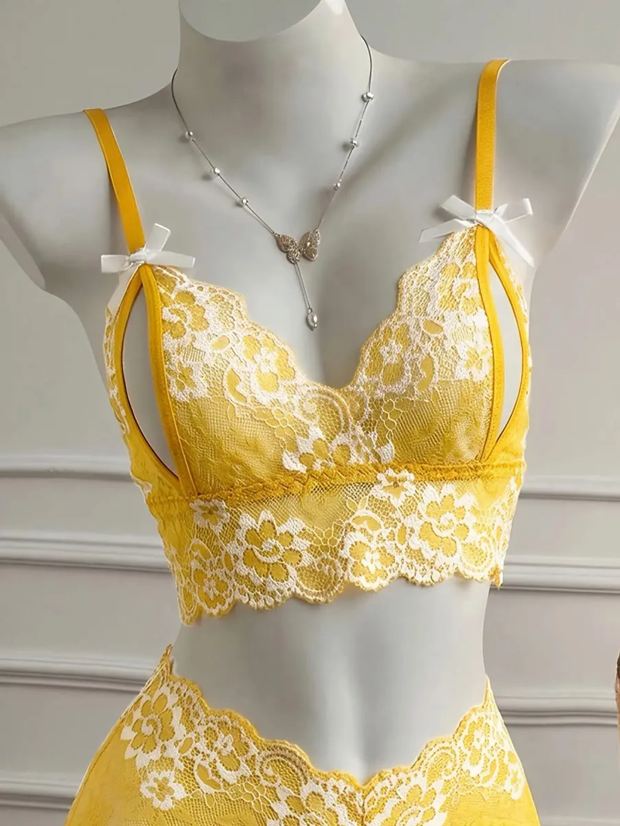Sexy Lingerie Set Women Lace Bra Panty See Through Floral Embroidery Bralette Transparent Erotic Underwear Bow Intimates — image 4