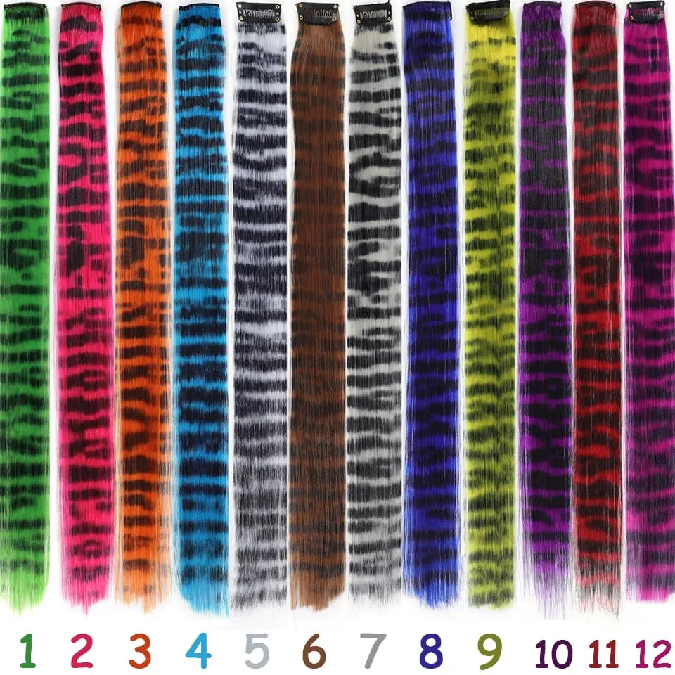 1pc/set Stripe Printed Hair Colorful Long Straight Hair Pieces Synthetic Clip-in Hair Extensions for Daily Use Party Halloween — image 4