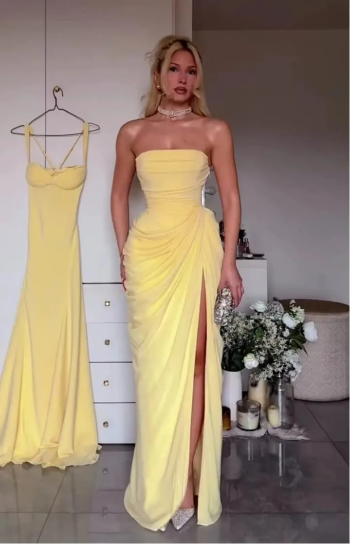 Mingmingxi Spring Summer Yellow Strapless Maxi Dress Ruched High Slit Evening Gown Bodycon Wedding Guest Party Dress Women — image 5