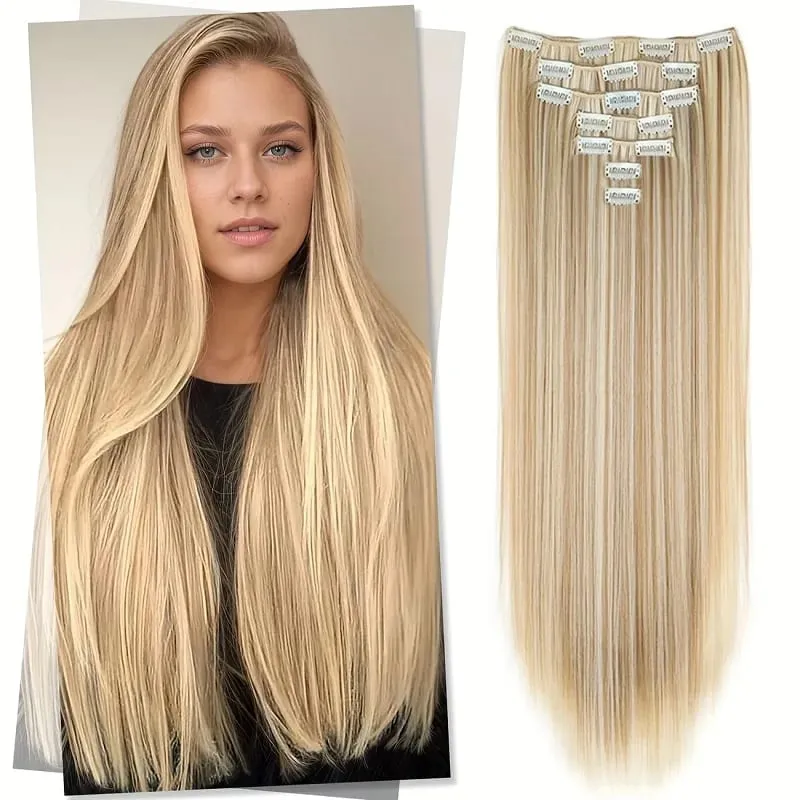 24Inch Synthetic 7pcs/set Long Straight Clip in Hair Extensions Invisible Fake Clips on Hairpieces for Women Party Daily Use