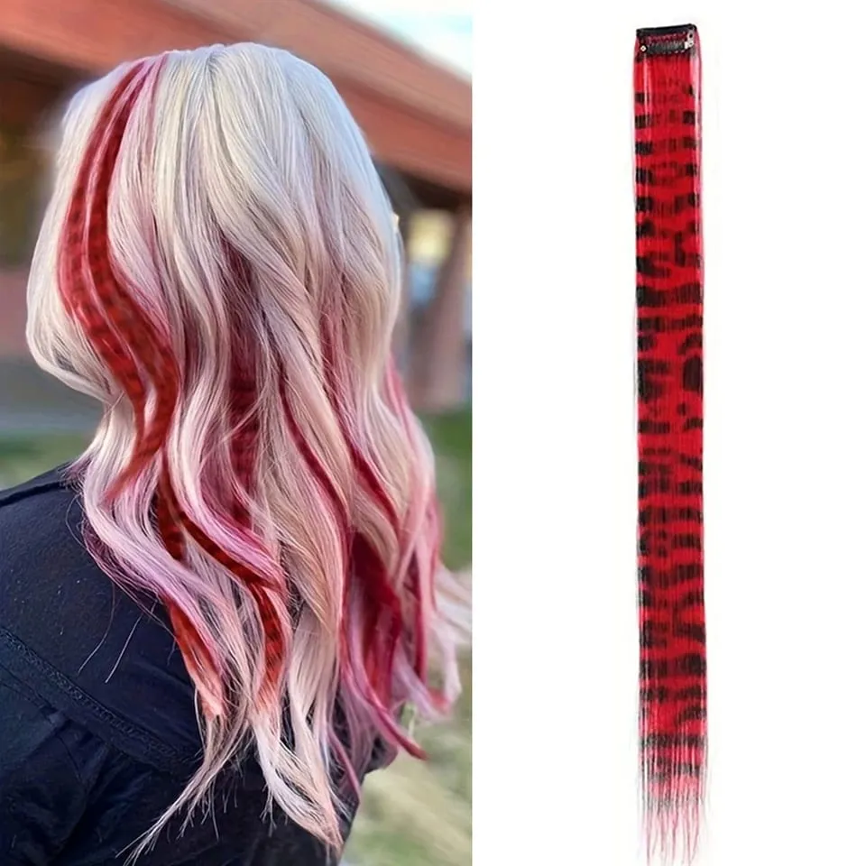 Long Straight Colorful Striped Hairpieces Synthetic Clip in Leopard Print Hair Piece Halloween Party Cosplay Y2K Feather Scene — image 1