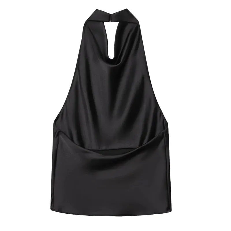 Women's Tanks Halter Top Women Sleeveless Green Crop Tops Summer Satin Party Evening Top Backless Sexy White Black Top