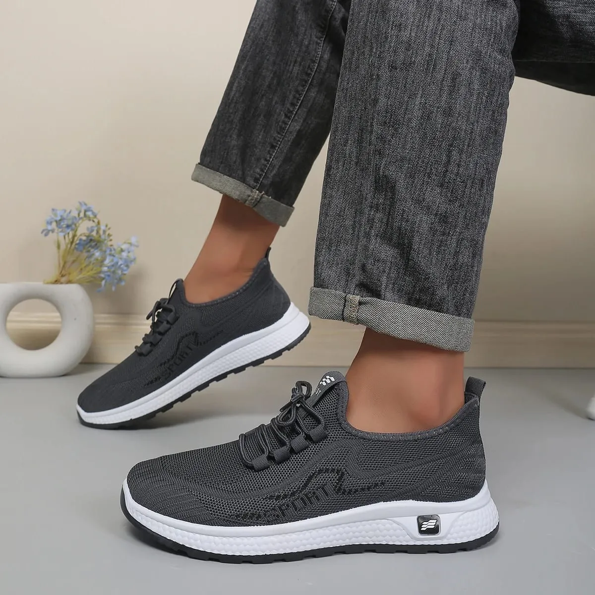 Minimal Solid Hue Men Mesh Lace-Up Footwear Fine Hollow Perforated Knit Upper Bump Carved Black Outsole Versatile Trainer — image 6