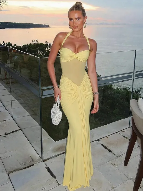 Nibber halter malha retalhos vestido feminino verão tendência fora do ombro sem costas ruched fita meia-noite baile de formatura festa hipster vestidos — image 2