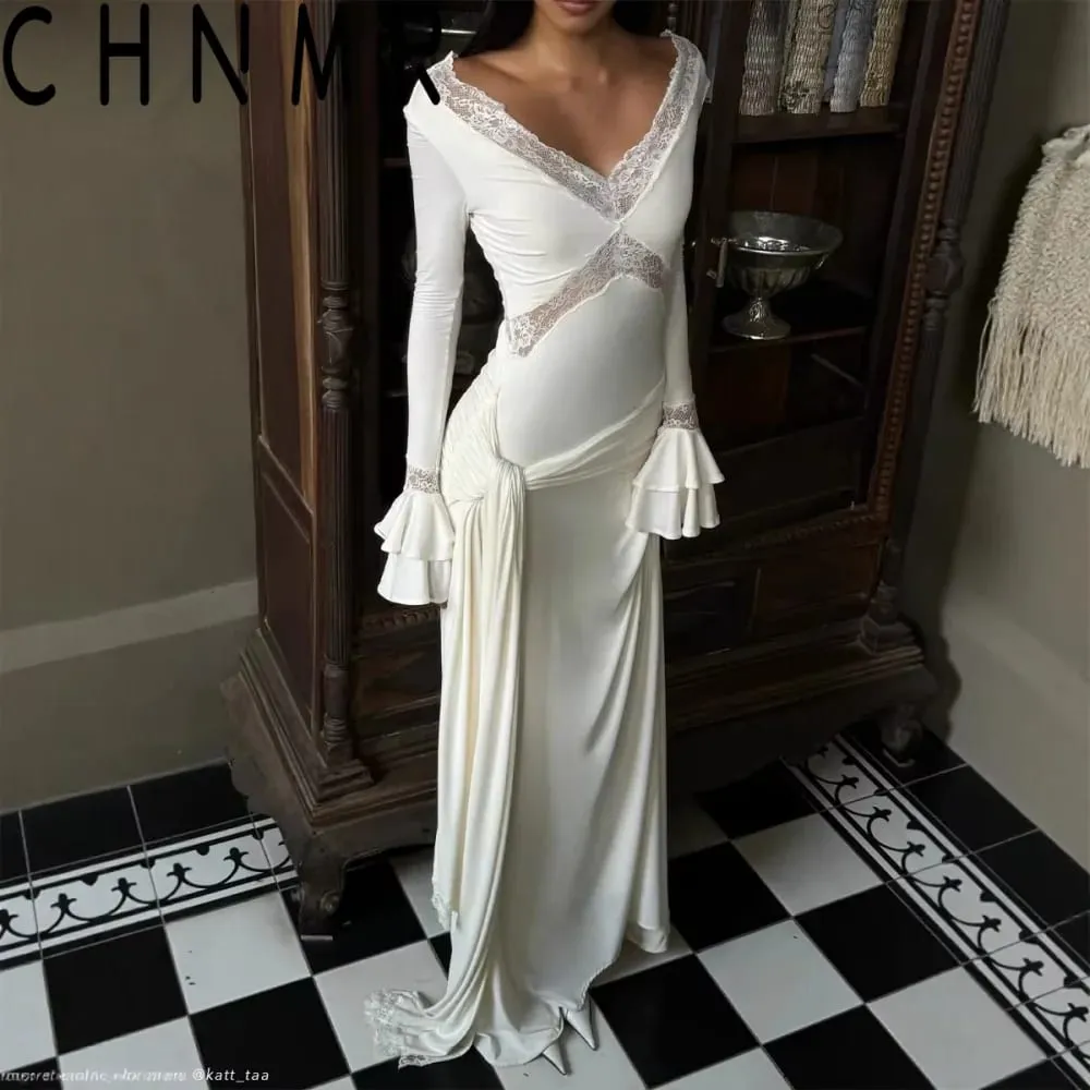 Mulheres elegante manga longa profundo decote em v maxi vestido branco fino ajuste ruched rendas retalhos cintura alta festa de casamento sexy vestido de noite
