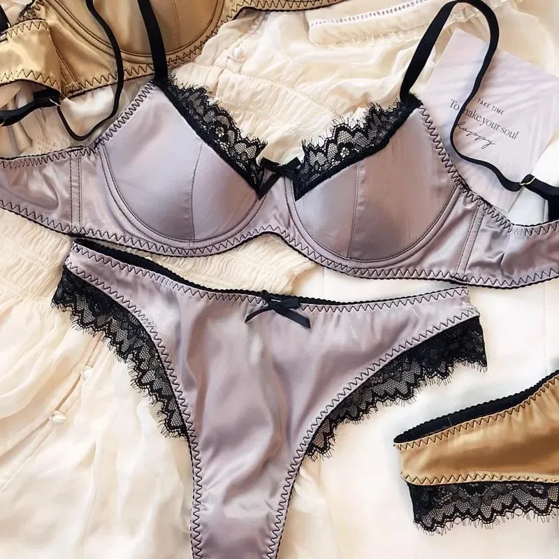 2025 Ny sexig tunn bomullsspets patchwork-bh-set kvinnor push up-samla sexiga underkläder Trosor Satin Underkläder Flickor Intimates — image 6