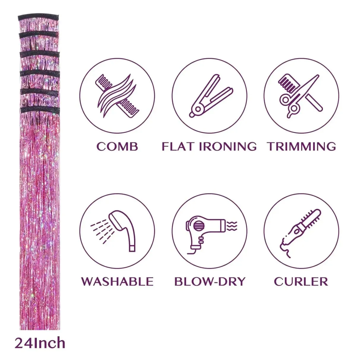 Hair Tinsel Clip in Dreamy Colorful Fairy Hair Tinsel Kit 24 Inch Glitter Clip in Hair Extensions for Girls Women Synthetic — image 3