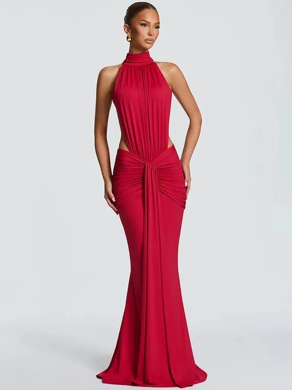 Mozision Turtleneck Backless Sexy Maxi Dress Women Gown Elegant Off-shoulder Sleeveless Ruched Bodycon Club Party Long Dress — image 6