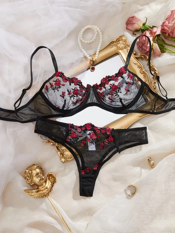 Womens Embroidered Bralette And Panty Set Floral Design Soft Stretch Fabric Comfortable Everyday Underwear — image 11