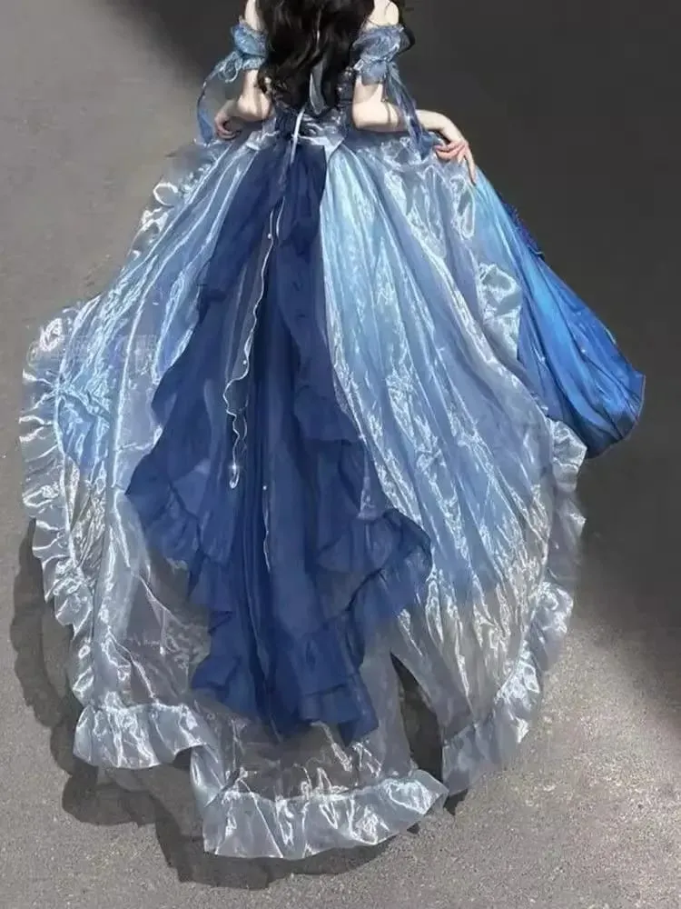 Dophee Original Lolita Trailing Puffy Dress Kvinnor Kort Fram Lång Baksida Prinsessan Blå Blomma Bröllopsklänning Elegant Off Shoulder — image 4