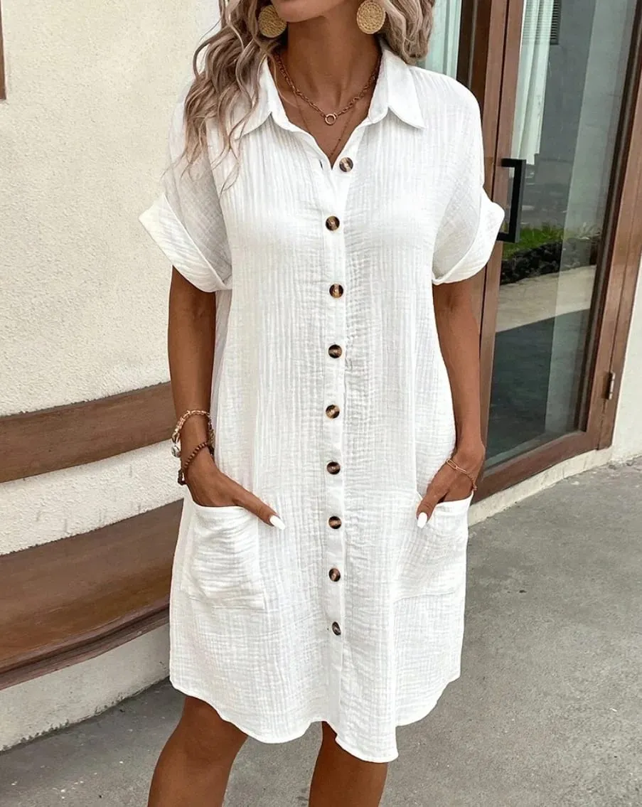 Fashion Loose Dress para sa Babae Single Breasted Raglan Sleeve Dresses na May Pocket Women Summer Tunic Short Shirt Dress Office Lady — image 2