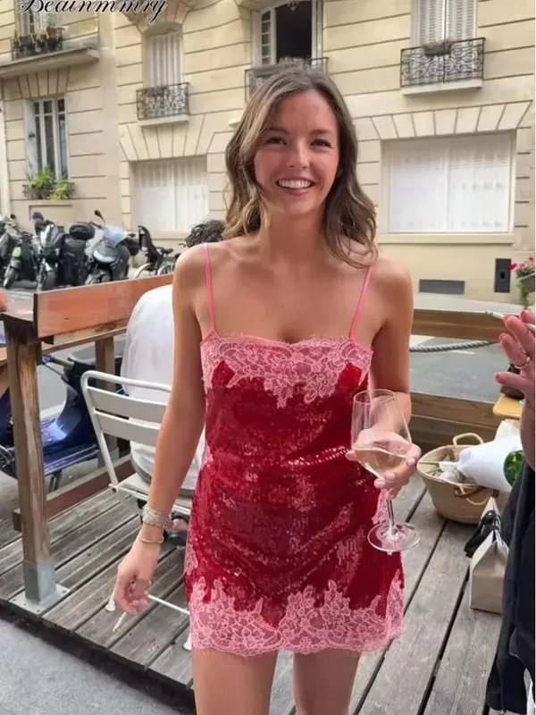 Women White Big Sequins Mini Slip Dress Deep V Spaghetti Strap Loose Short Dresses Club Night Out Birthday Party Gown 2026 New