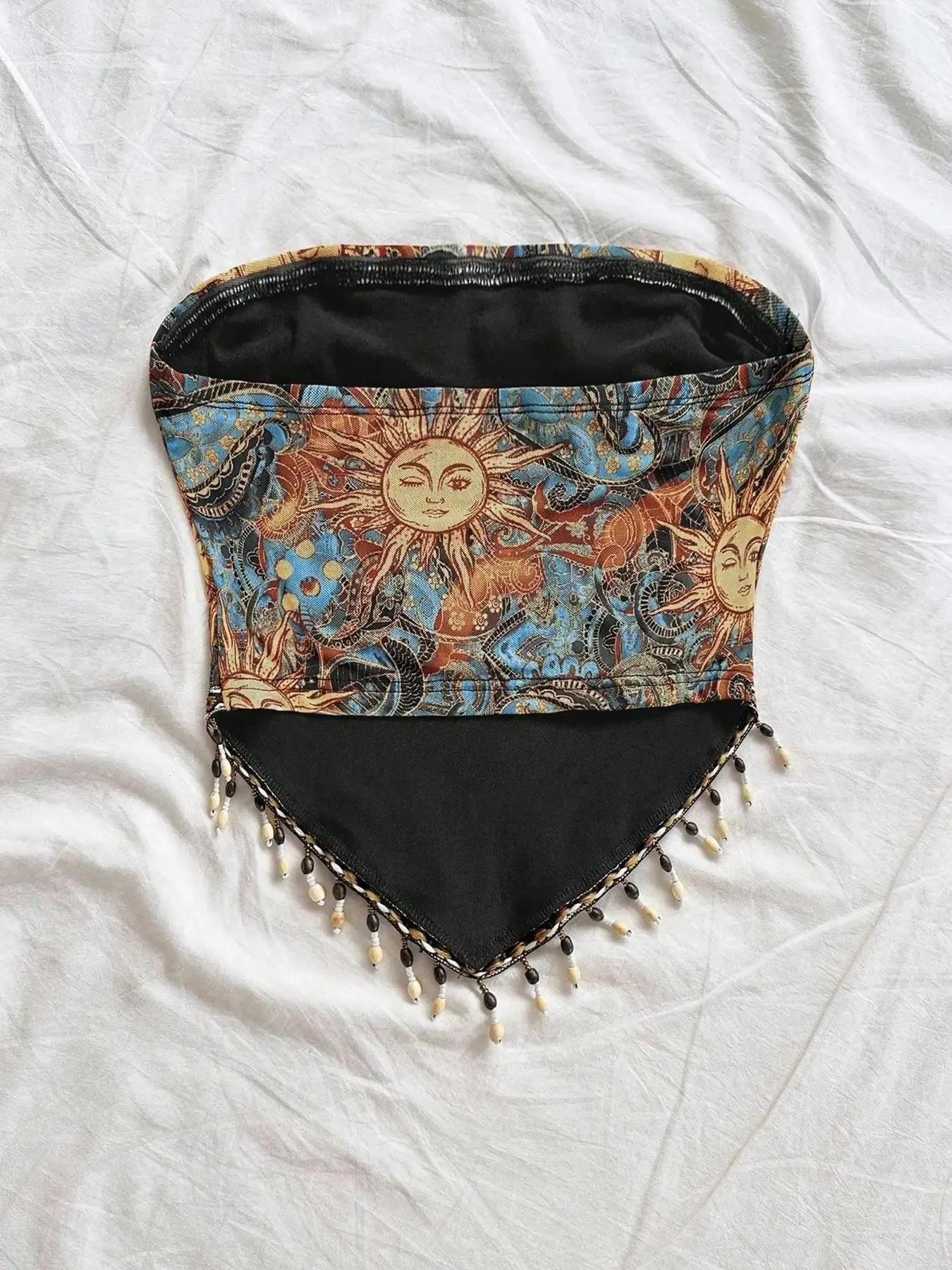 Ladies' 1pc Printed Mesh Knitted Tube Top with Triangular Hem And Beaded Fringe Trimmings — image 3