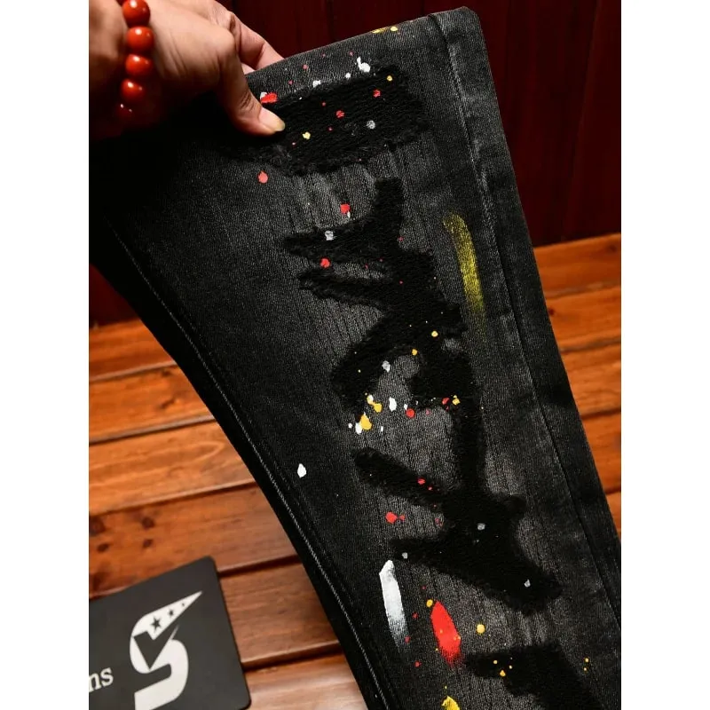 High-End Vintage Ripped Jeans for Men Slim Fit Trendy Paint Print 2025 Autumn and winter casual trendy long pants — image 1