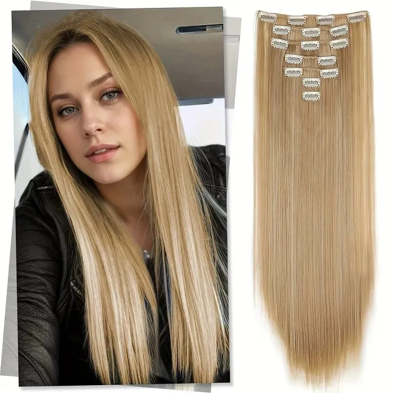 24Inch Synthetic 7pcs/set Long Straight Clip in Hair Extensions Invisible Fake Clips on Hairpieces for Women Party Daily Use
